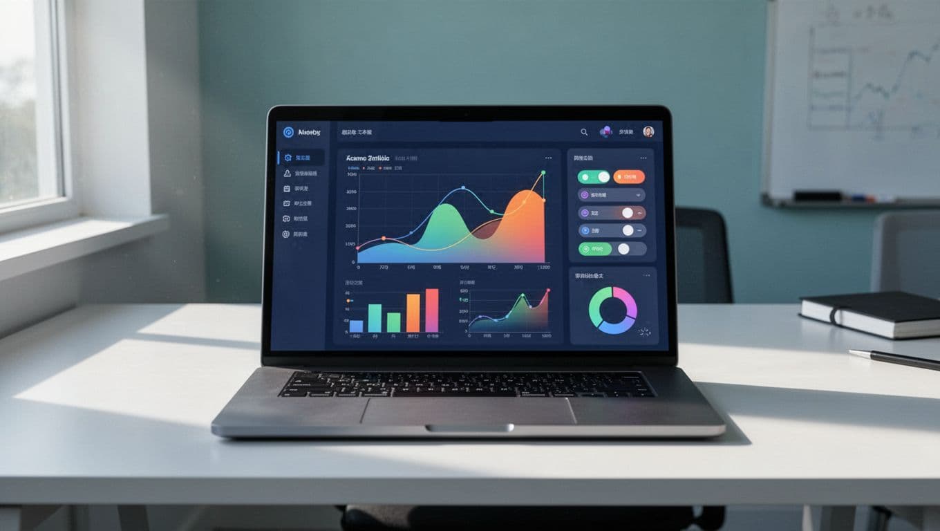 Modern illustration of a clean dashboard screen showing GA4 and Mida.so integration setup with active charts and toggles on a centered laptop in a simple office desk.