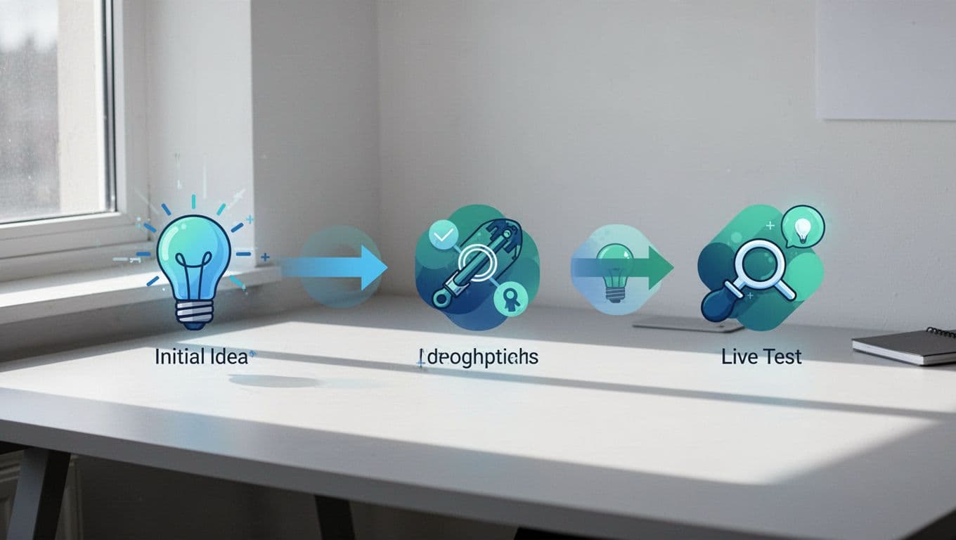Modern illustration of a workflow diagram depicting steps from idea to live test on the Mida.so dashboard, with abstract icons for change, upload, analyze, and results against a minimal desk background in a blue-green palette.