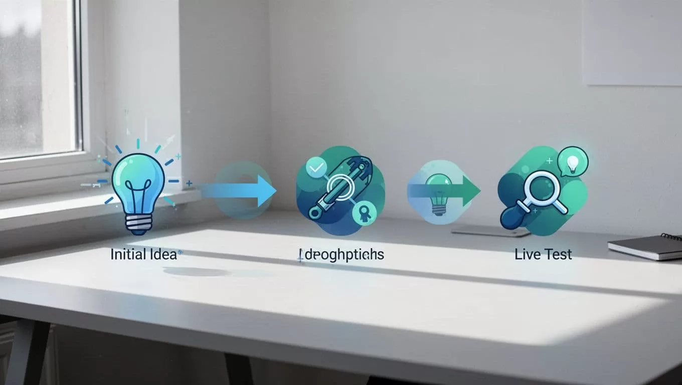 Modern illustration of a workflow diagram depicting steps from idea to live test on the Mida.so dashboard, with abstract icons for change, upload, analyze, and results against a minimal desk background in a blue-green palette.