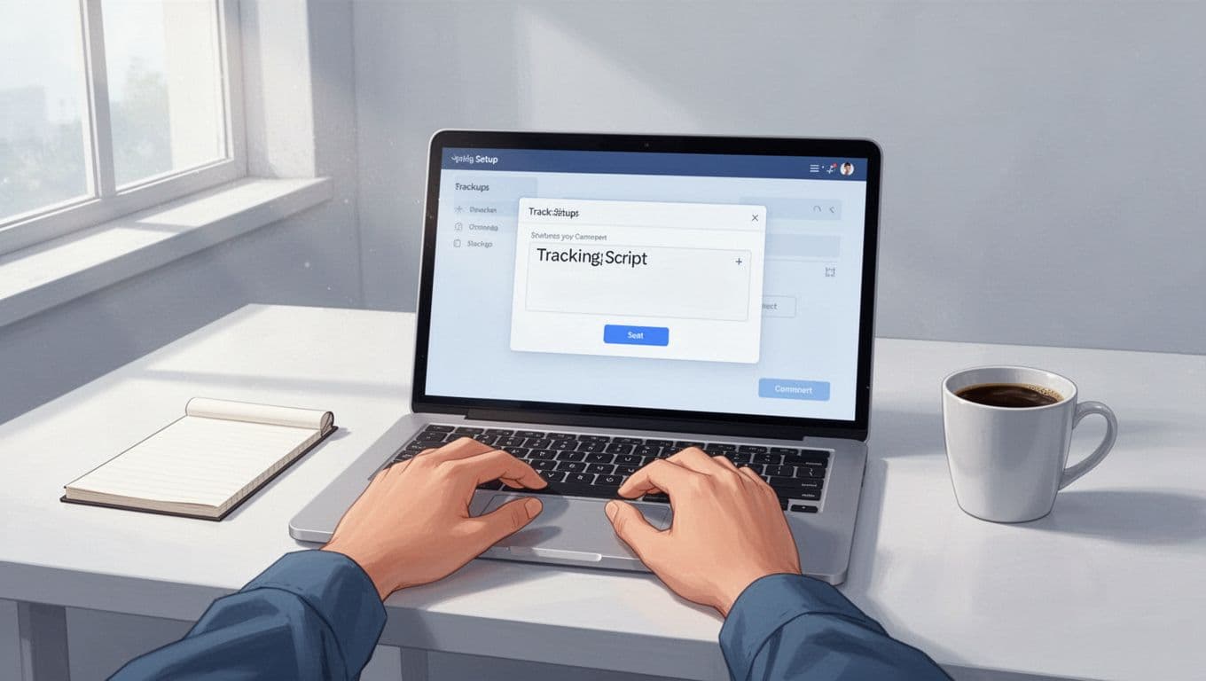 Modern illustration of a laptop on a clean desk in a bright workspace, displaying the Mida.so dashboard with setup interface for adding tracking script, marketer's hands near keyboard, minimal elements like notepad and coffee.