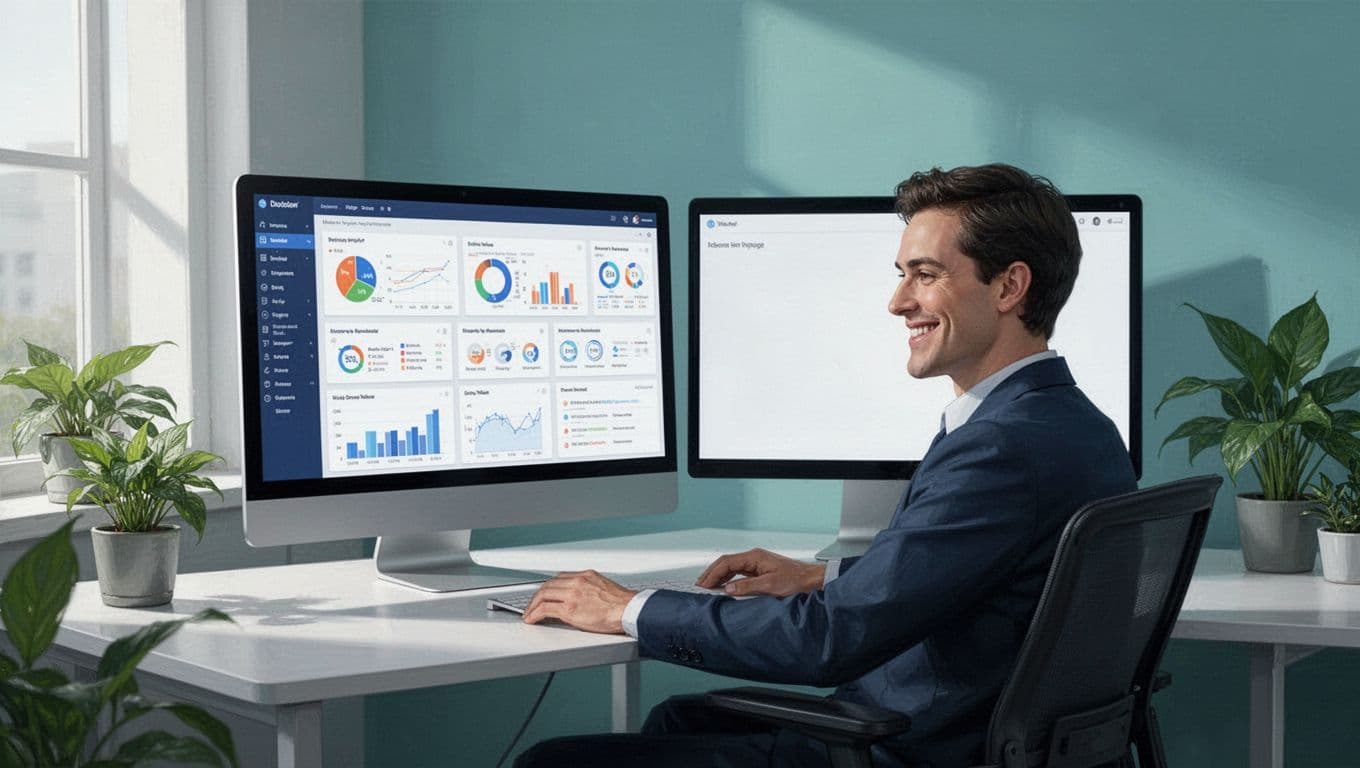 Modern illustration of a marketer at a desk in an office with plants and natural light, comparing a complex dashboard full of charts with a simple clean one on side-by-side screens. The composition emphasizes usability differences with clean shapes, blue-green palette, and a happy expression.