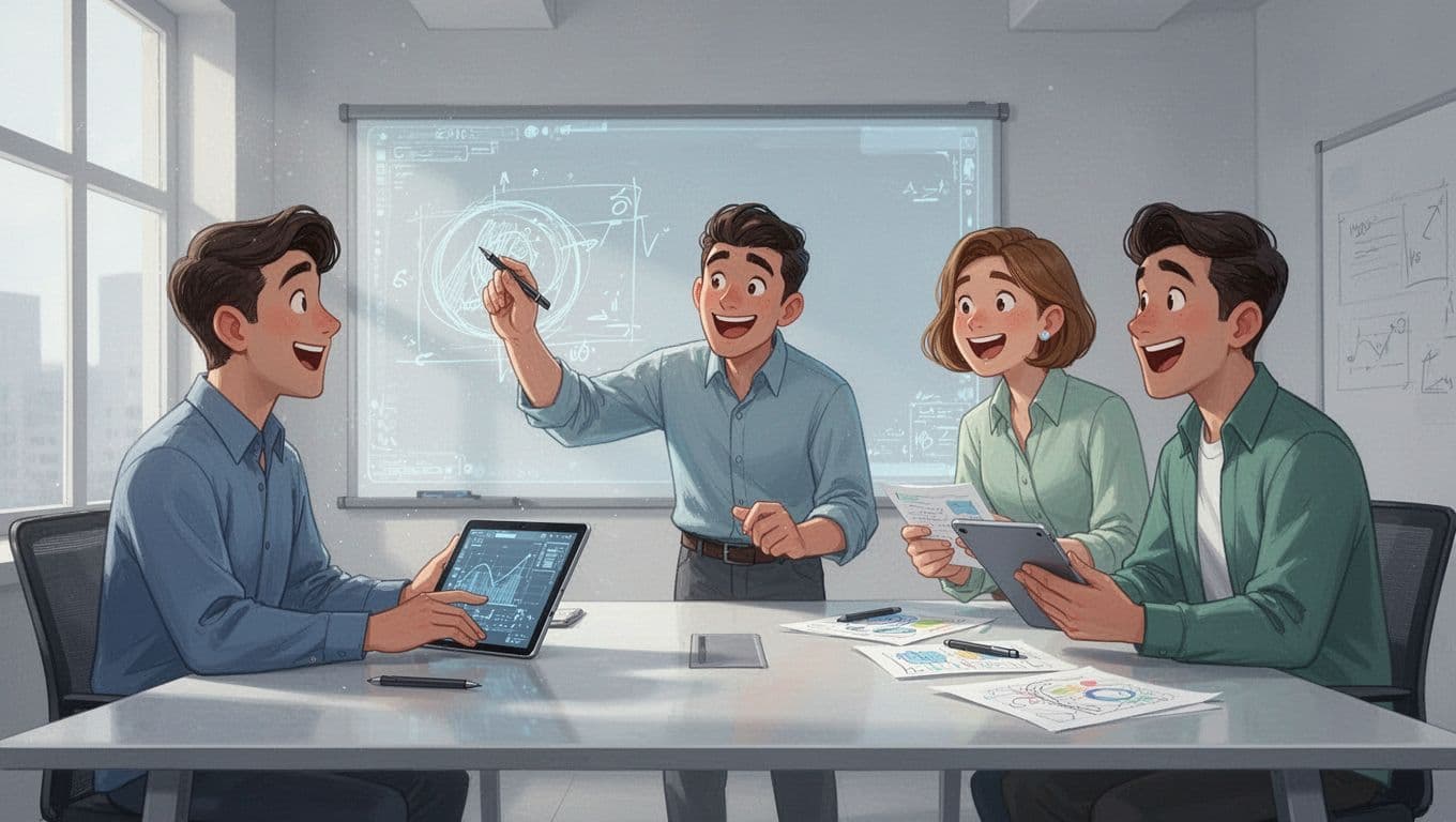 A small team of three people excitedly collaborates around a table using a Miro digital whiteboard integrated with Google Workspace, featuring tablets and notes in a modern illustration style with soft blues, greens, and whites.