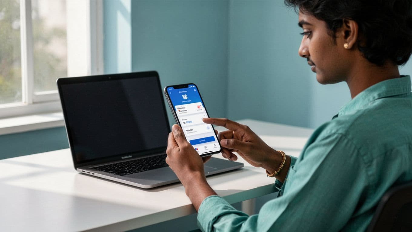 Person uses smartphone app with India flag on transfer screen, laptop nearby unused.