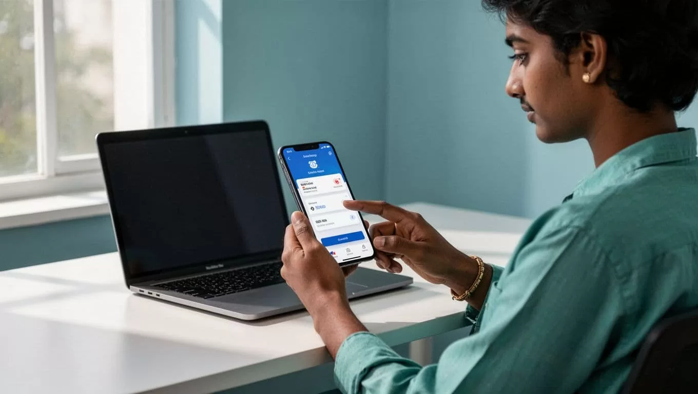 Person uses smartphone app with India flag on transfer screen, laptop nearby unused.