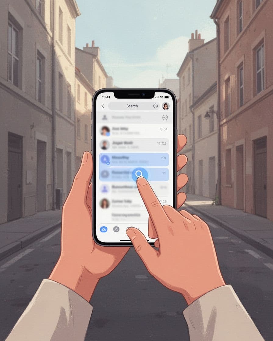 Modern illustration of a person holding a smartphone, thumb near the search icon in the Gmail app with a vaguely highlighted old email thread, set against an urban background with clean shapes and controlled palette.