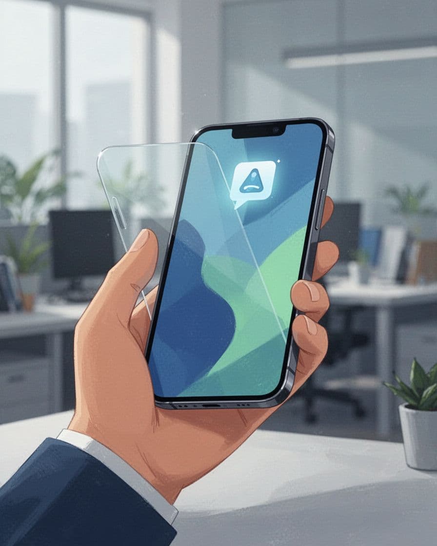 Hand holds smartphone screen showing low fill rate alert badge for staffing metrics, blurred office background.