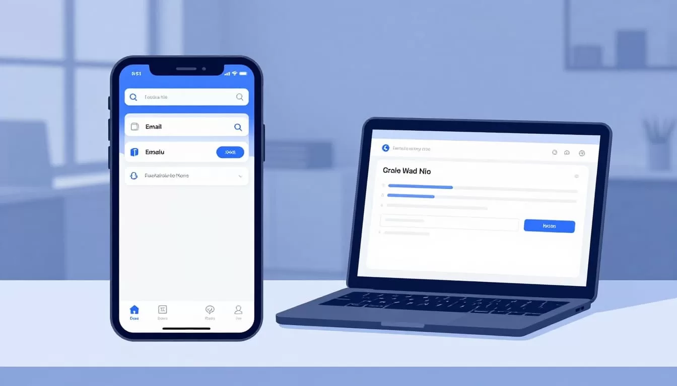 Split view of a mobile phone and laptop side by side on a desk, screens displaying blurred CRM app interfaces for email workflow and candidate sourcing. Modern clean illustration in blues and whites with empty office background and natural light.