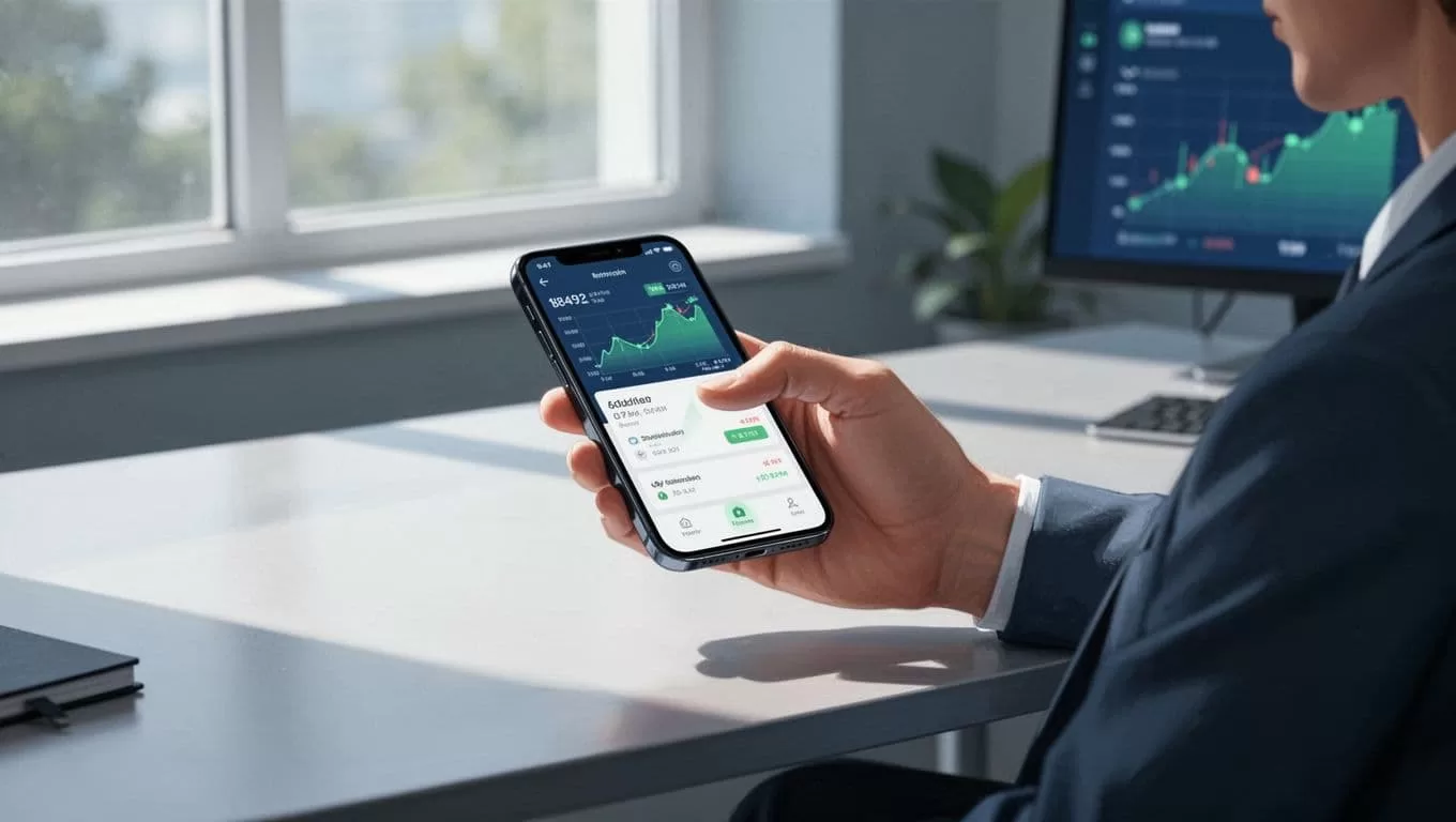 Person at desk holds smartphone showing money transfer to India bank account.