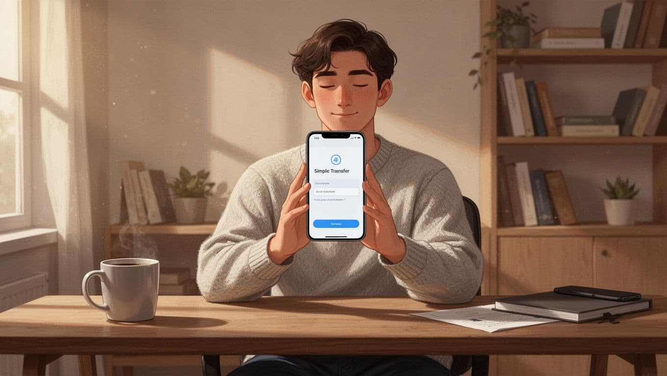 Person at desk holds smartphone showing transfer confirmation, coffee mug nearby in home office.