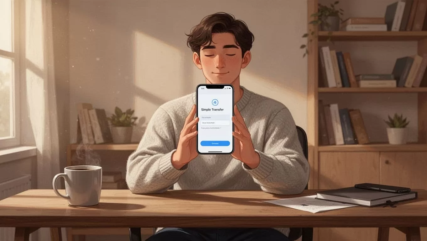 Person at desk holds smartphone showing transfer confirmation, coffee mug nearby in home office.