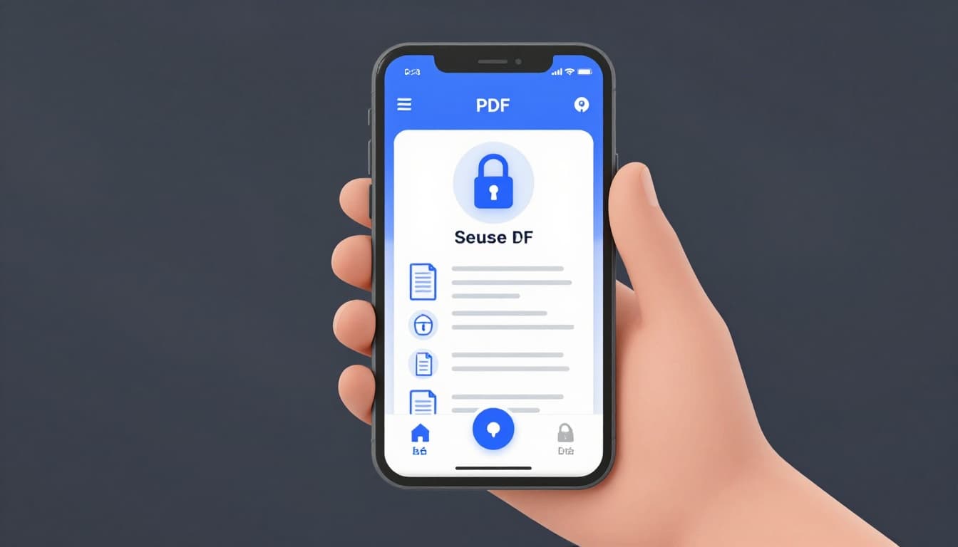 Modern illustration of a hand holding a smartphone displaying a secure PDF app interface with a padlock protecting document icons and a notification of a sent secure file on a simple background.