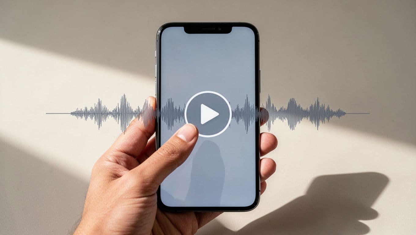 Modern illustration of a clean mobile app interface with text input, play button, and active speech waveform playback on a single relaxed phone. Features controlled blues, grays, whites palette with sharp focus on play and waveform elements.