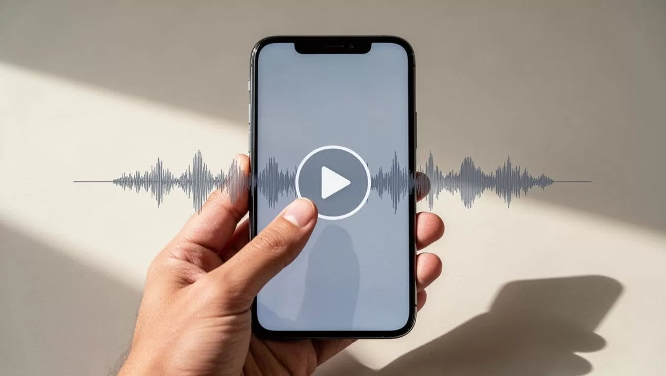 Modern illustration of a clean mobile app interface with text input, play button, and active speech waveform playback on a single relaxed phone. Features controlled blues, grays, whites palette with sharp focus on play and waveform elements.