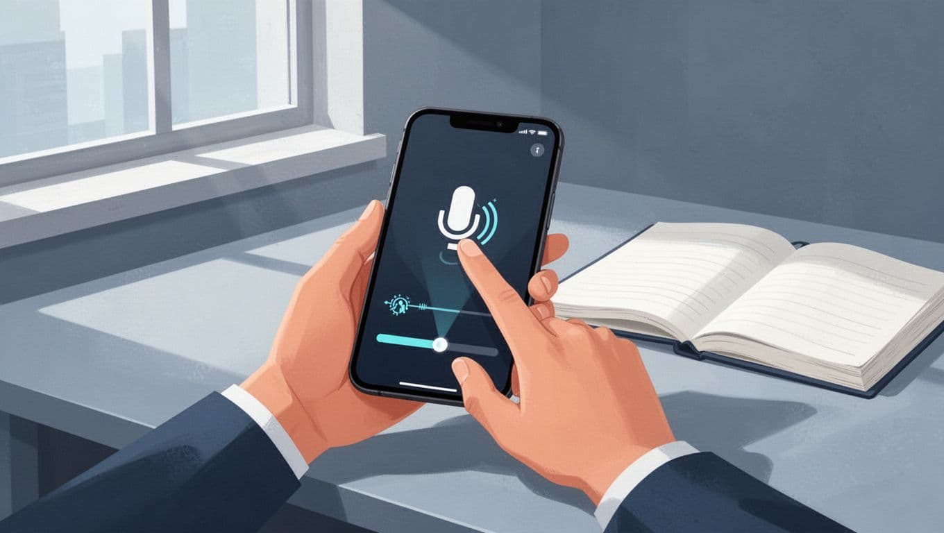 Modern illustration of a simple TTS settings panel on a mobile phone screen showing voice options, speed slider, and pause settings, with one finger tapping a voice selection. The device is held in hand at a desk with a notebook nearby, in a clean blue-gray palette.