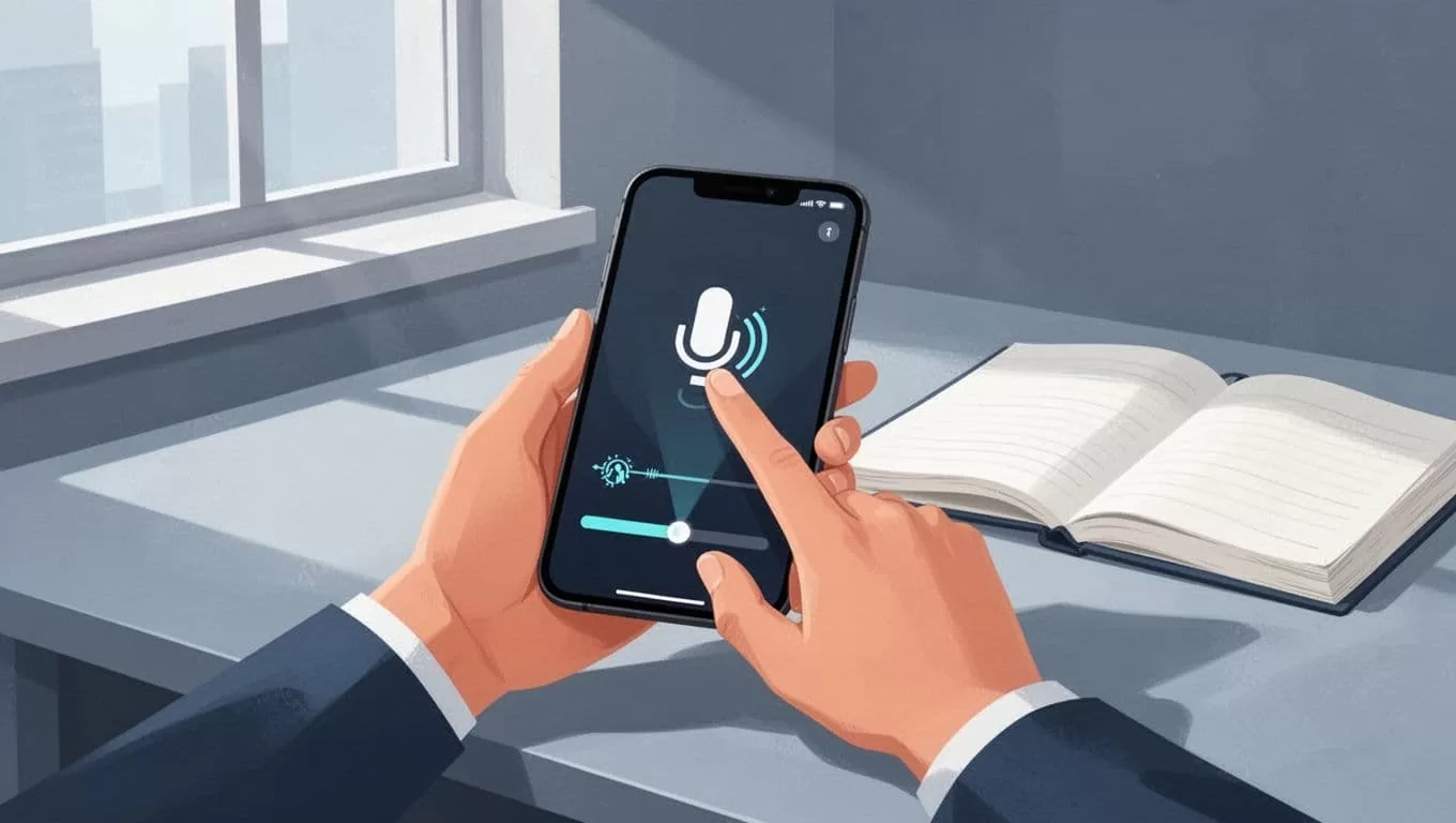 Modern illustration of a simple TTS settings panel on a mobile phone screen showing voice options, speed slider, and pause settings, with one finger tapping a voice selection. The device is held in hand at a desk with a notebook nearby, in a clean blue-gray palette.