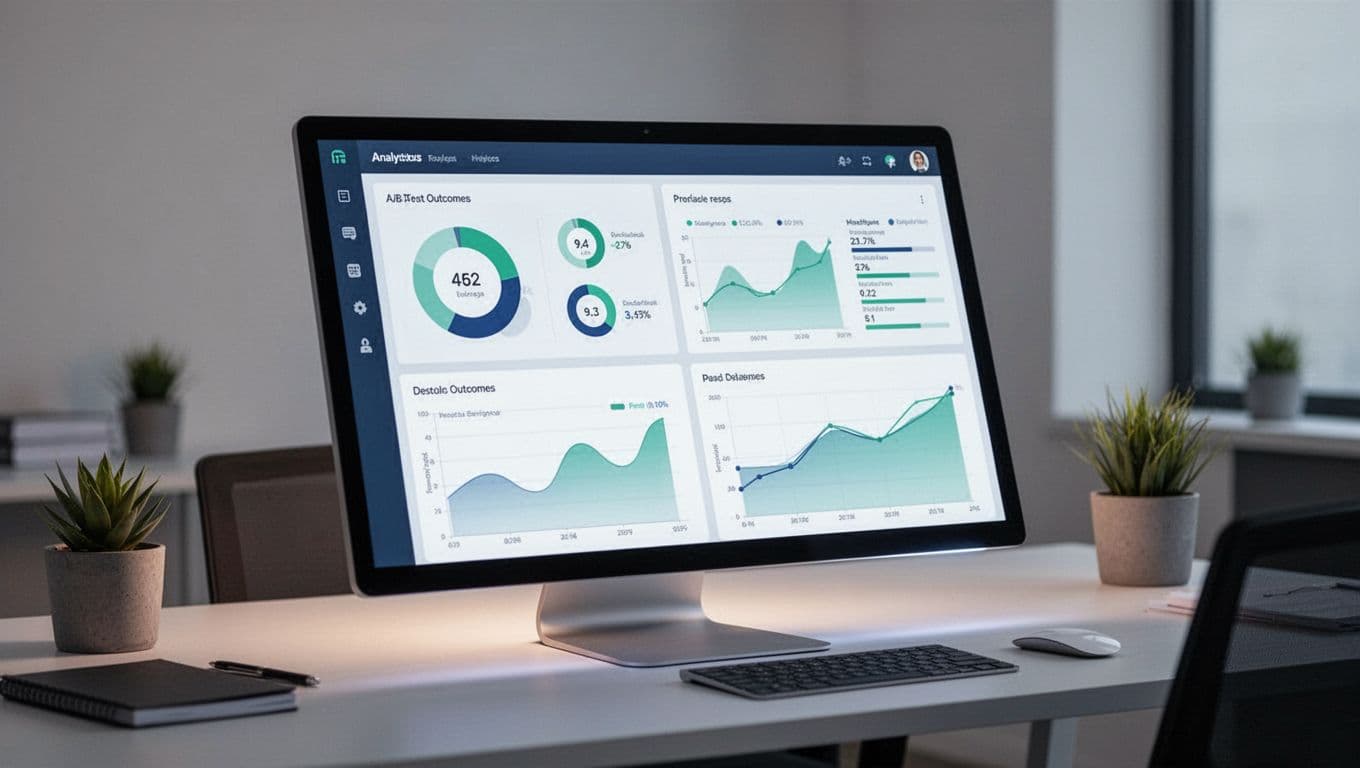 Modern illustration of an analytics dashboard displaying A/B test results from server-side testing, with charts, graphs, and metrics on a screen angled on a desk in a clean office with subtle glow lighting, using clean shapes, controlled blue-green colors, and strong composition.
