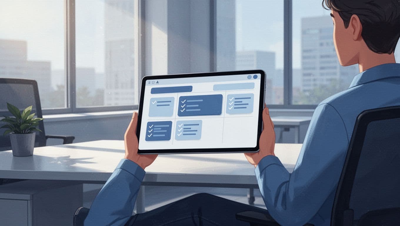 A modern illustration shows a clean Kanban board on a tablet screen at an angle, with cards, labels, and checklists for remote tasks, alongside a relaxed person at a desk in a blue-toned modern office with natural light.