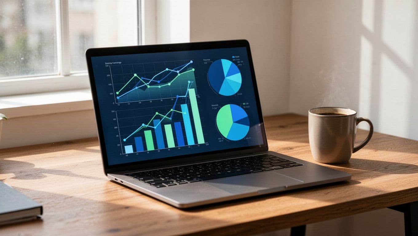 Clean modern illustration of a laptop on a wooden desk displaying a simplified analytics dashboard with bar charts for bounce rate, line graph for conversion rate over time, and pie chart for funnel stages, using blue and green palette, with a coffee mug and natural window light.