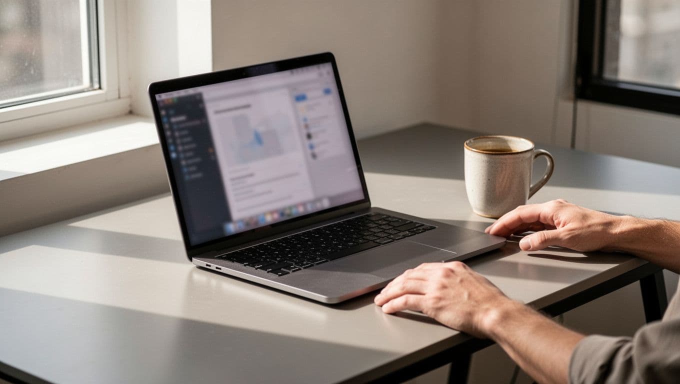 Clean modern illustration of a laptop screen at a slight angle displaying blurred email finder results, with a coffee mug nearby on a sleek desk, illuminated by natural window light.