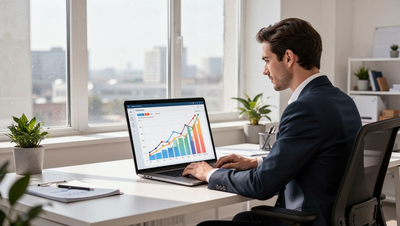 Modern illustration of a dashboard screen displaying rising trend graphs for logistics software categories like TMS and WMS, on an open laptop at a clean office desk viewed by one person in bright natural lighting.