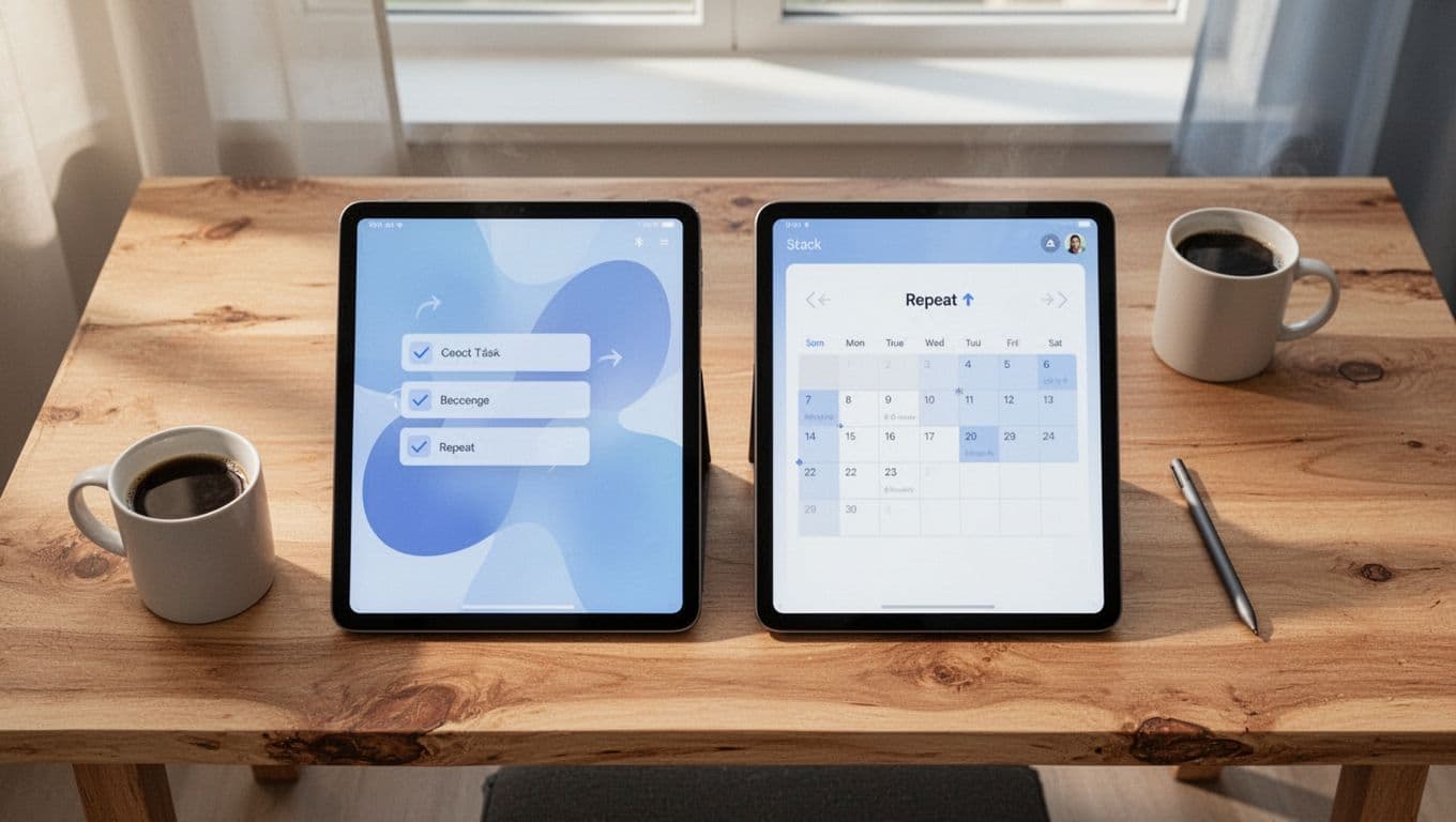 Top view of a clean modern office desk with two tablets propped up showing abstract recurring task screens—one with repeating checklists and one with calendar automation—subtle repeat arrows, natural wood texture, coffee mug, stylus, soft window light, in a modern illustration style.