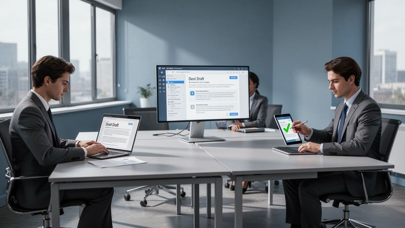Three professionals in a modern office collaborate on a document: one drafts, one reviews on screen, one approves with a checkmark, in clean blue-gray illustration style.