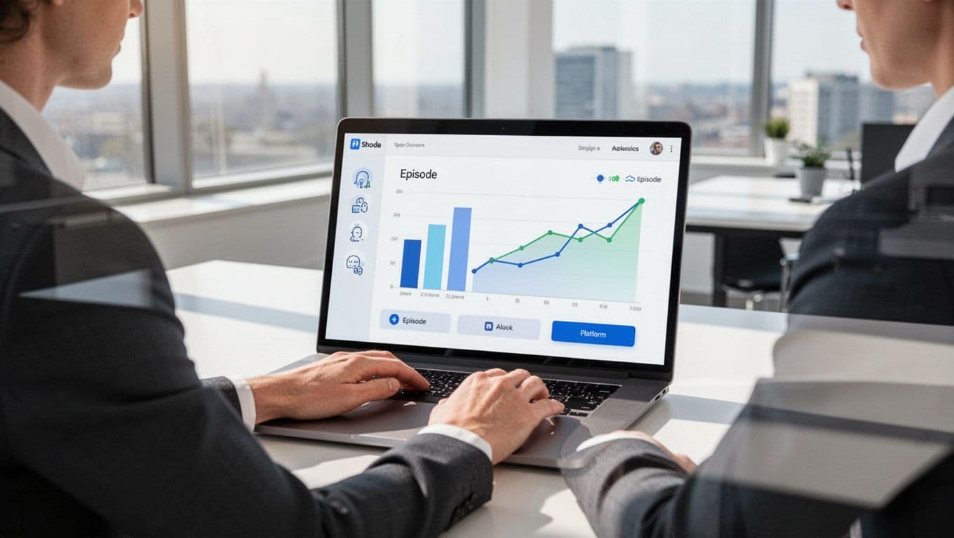 Person at desk views podcast dashboard on laptop screen showing graphs and icons in bright office.