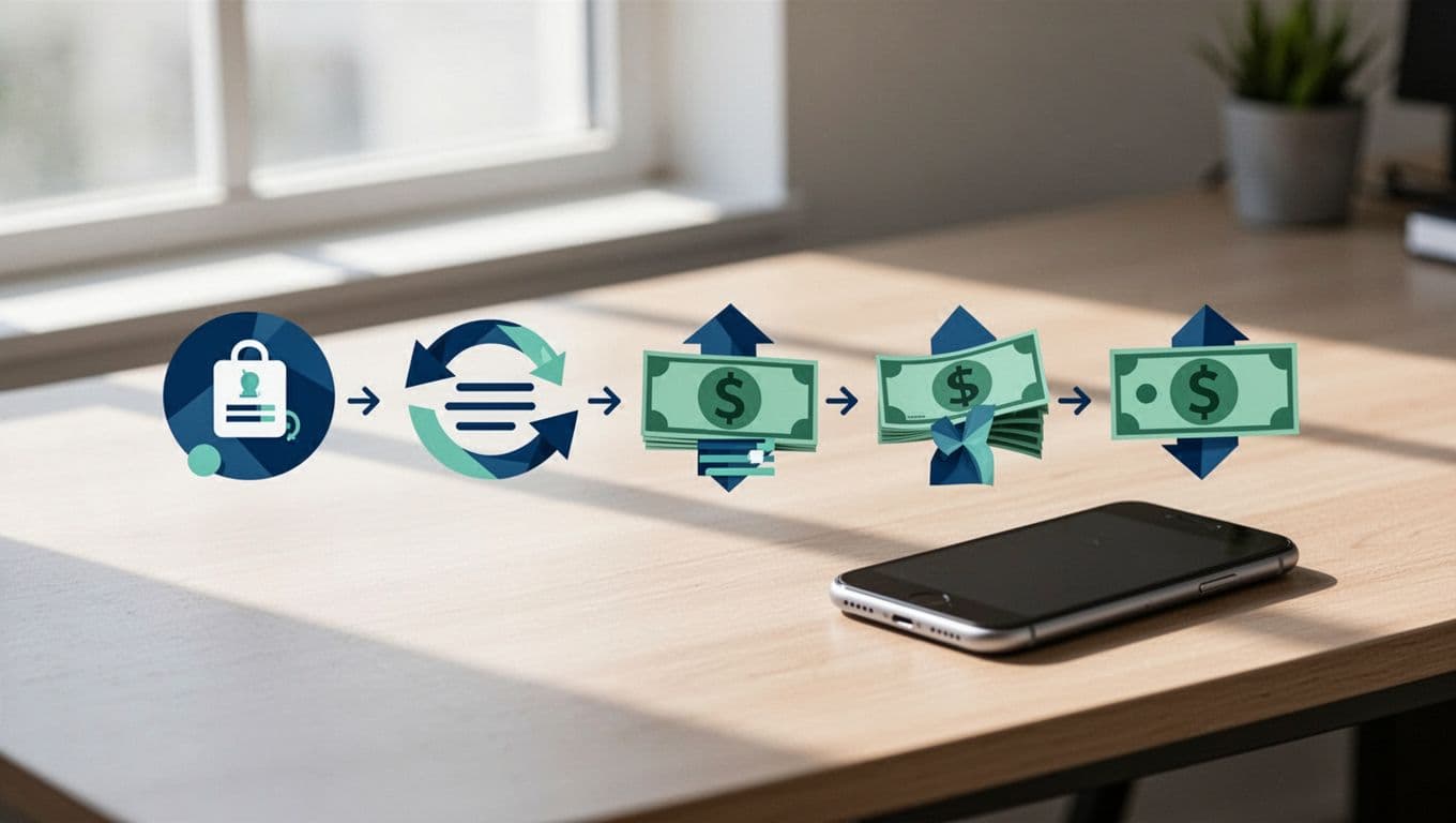Flowchart icons for sign up, enter amount, choose speed, pay, and track on a desk beside one phone.