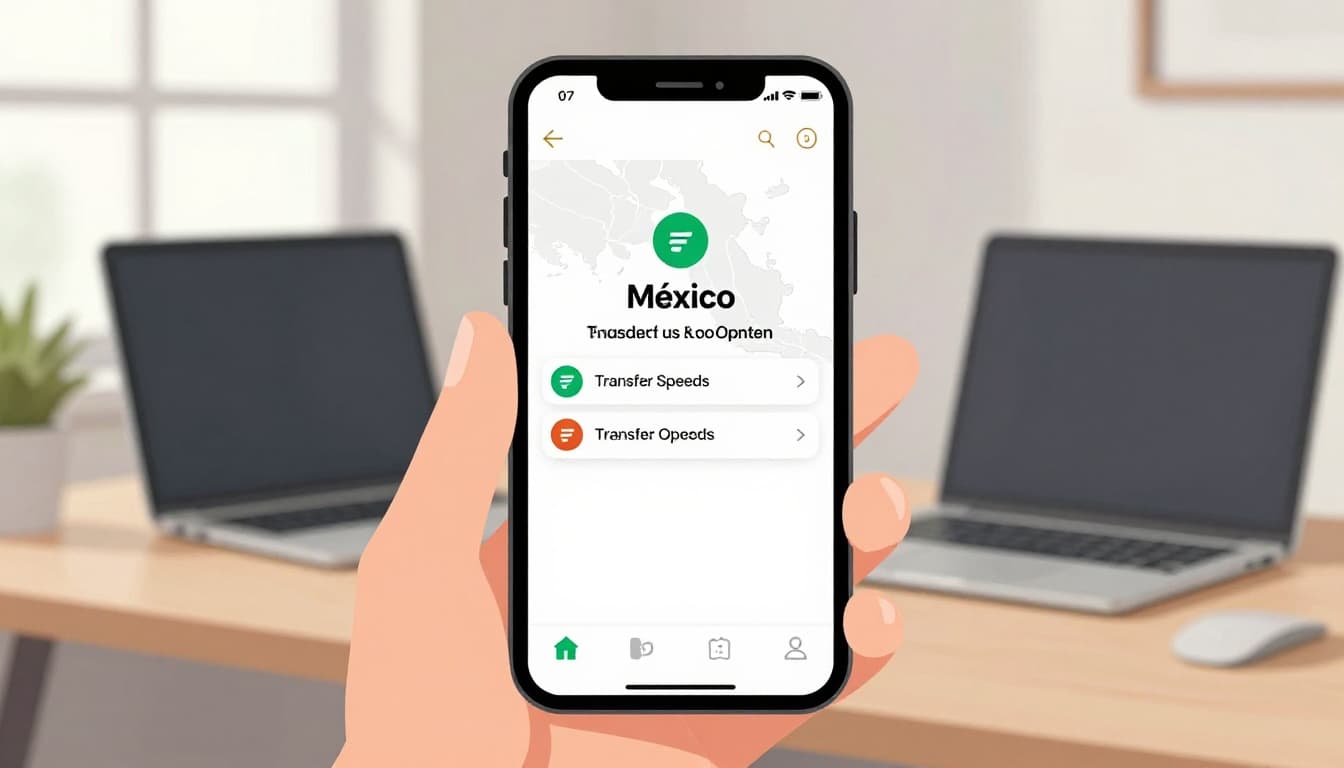 Phone screen on desk displays money transfer confirmation to Mexico with subtle peso symbols and map outline, laptop nearby.