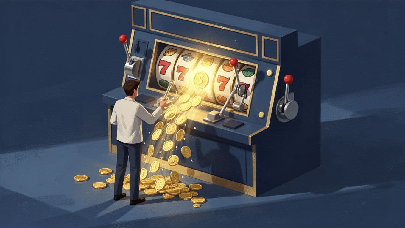 Modern isometric illustration of a person at a four-armed slot machine labeled A, B, C, D for multi-armed bandit testing, with coins pouring from the winning arm B.