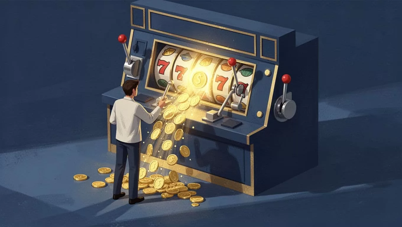 Modern isometric illustration of a person at a four-armed slot machine labeled A, B, C, D for multi-armed bandit testing, with coins pouring from the winning arm B.