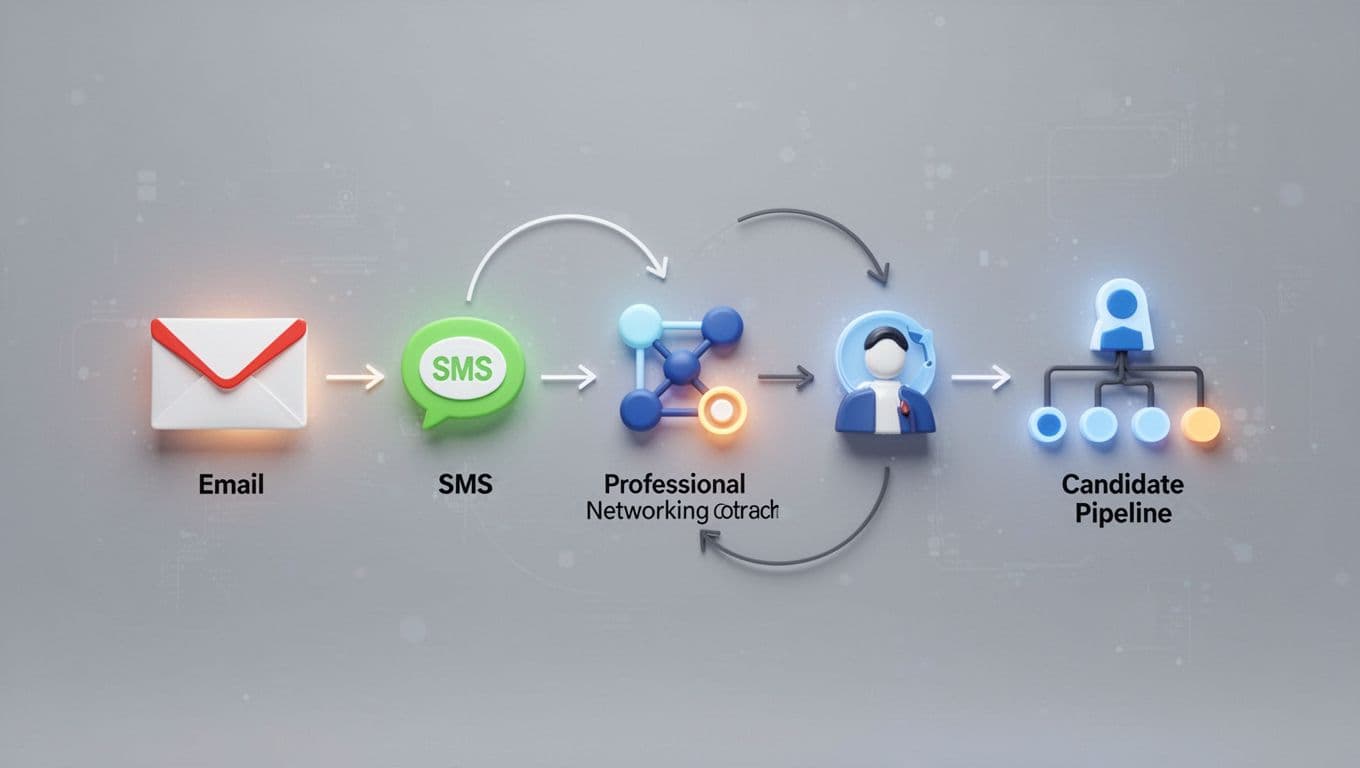 Abstract modern illustration of a workflow automation diagram with arrows connecting icons for email, SMS, LinkedIn outreach, and candidate pipeline against a simple digital background.
