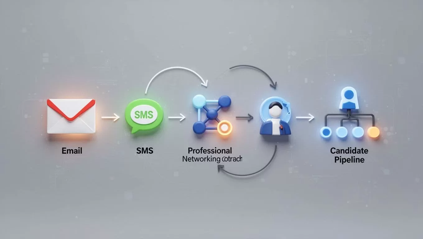 Abstract modern illustration of a workflow automation diagram with arrows connecting icons for email, SMS, LinkedIn outreach, and candidate pipeline against a simple digital background.