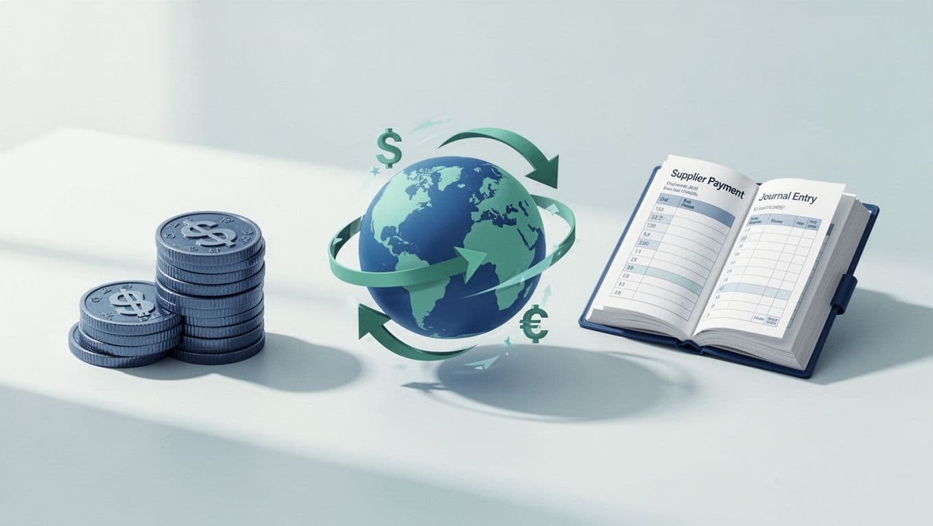 Modern illustration of a workflow flowchart for multi-currency transactions, showing steps to receive payment, convert currency, pay supplier, and record journal entry with simple icons and clean blue-green design on light background.