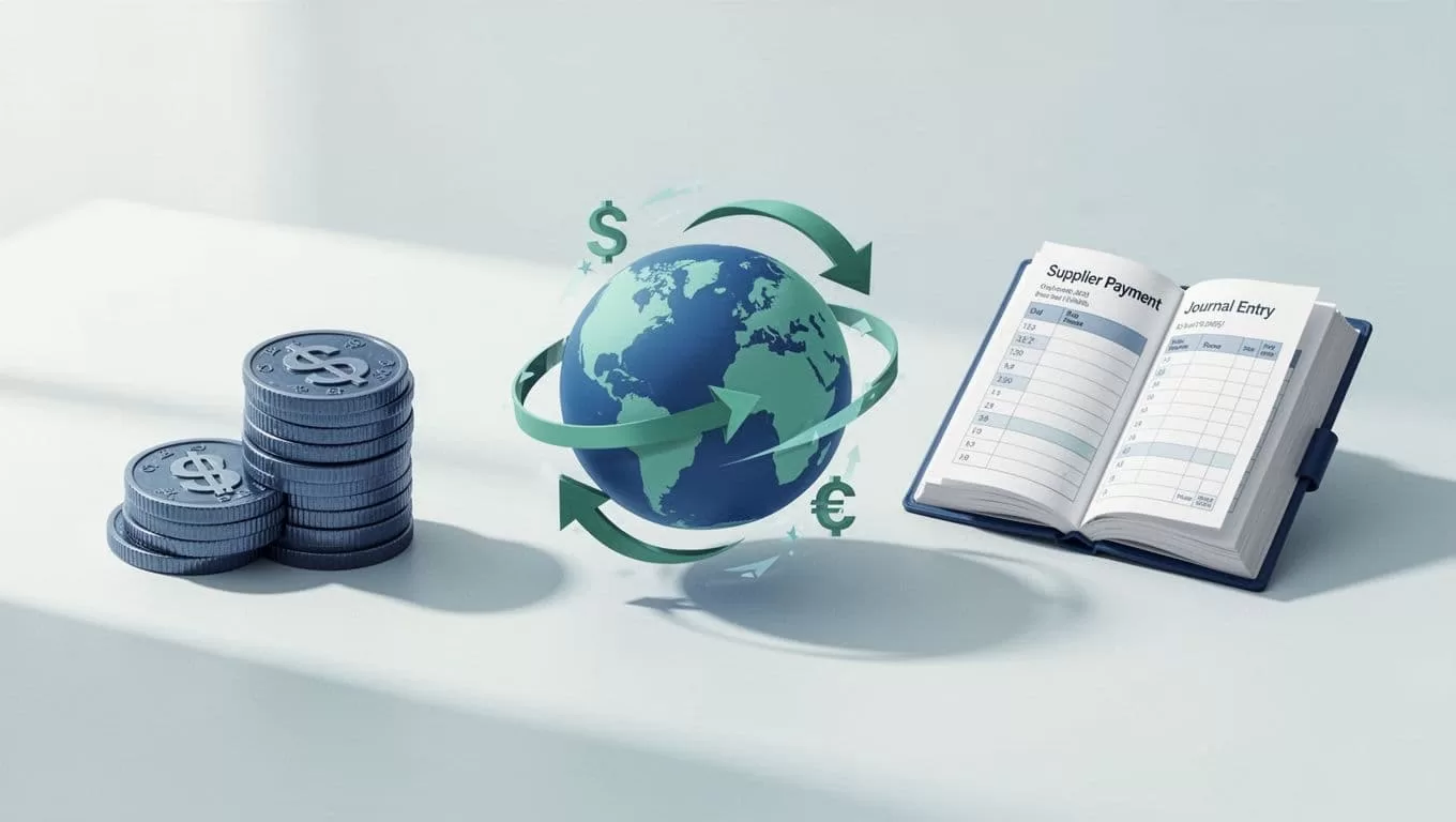 Modern illustration of a workflow flowchart for multi-currency transactions, showing steps to receive payment, convert currency, pay supplier, and record journal entry with simple icons and clean blue-green design on light background.
