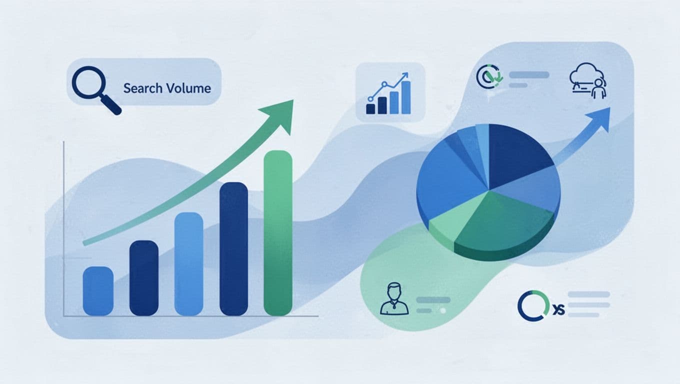 Modern illustration featuring clean shapes in blues and greens, depicting an abstract dashboard with trend analysis metrics including bar graphs, pie charts, growth arrows, and icons for search volume and comparisons on a light background.
