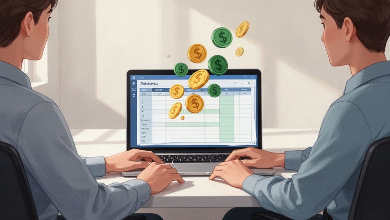 Modern illustration of USD, EUR, GBP symbols flowing into an open accounting book on a laptop screen, with one person seated at a tidy desk observing.