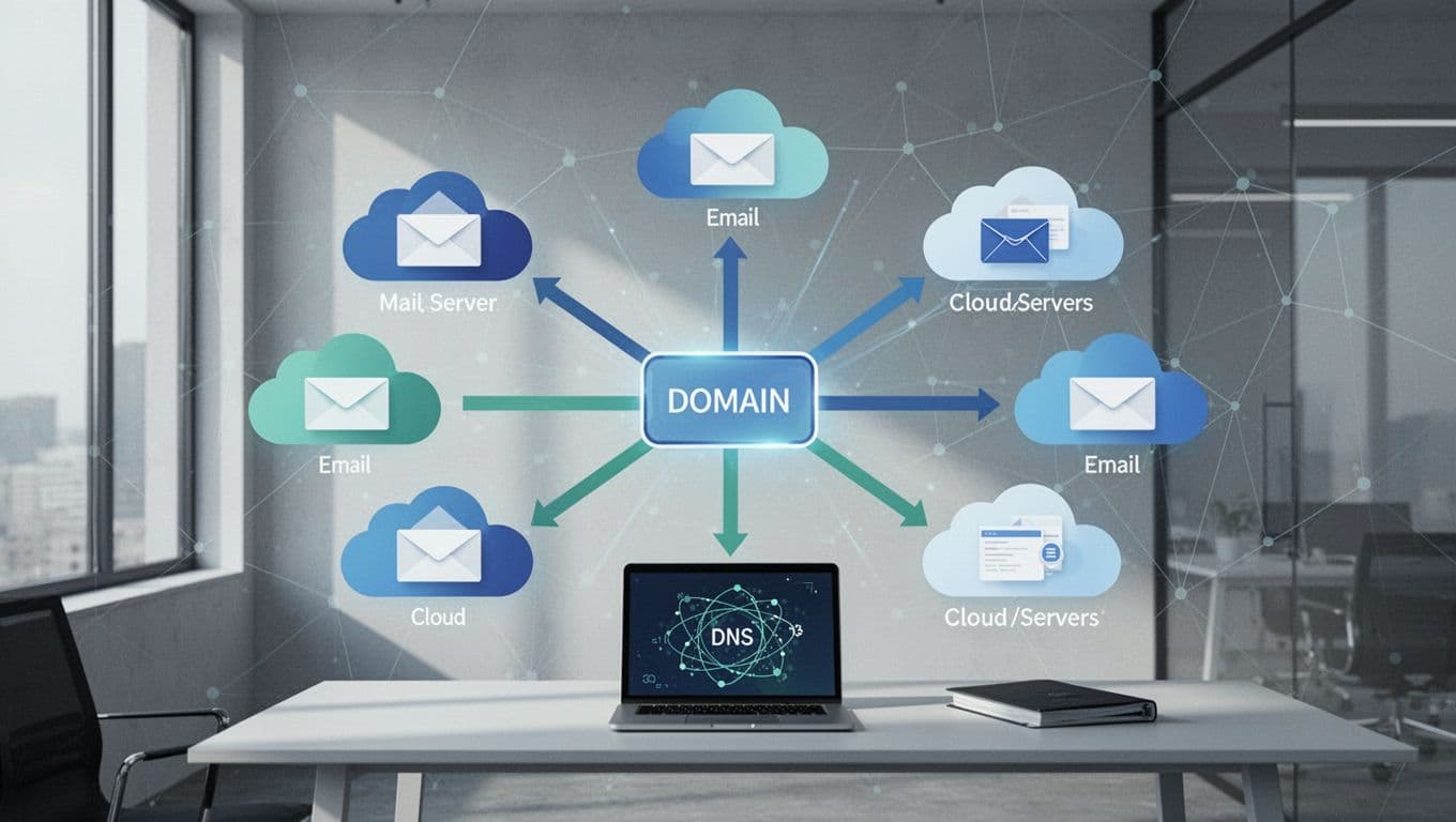 Modern illustration depicting MX records in DNS guiding email messages to mail servers like Google and Microsoft, with a central flow diagram, clean office background, and a laptop showing a DNS query.