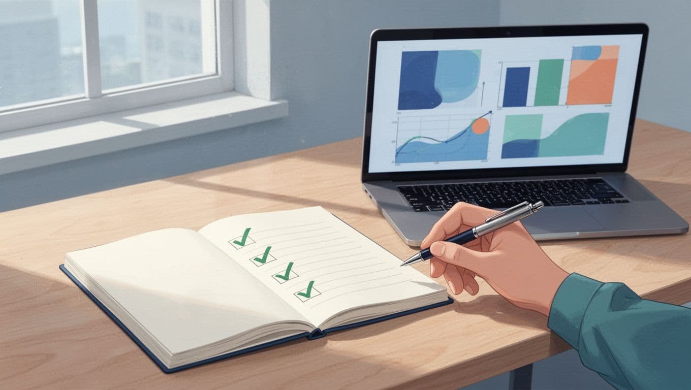 Modern illustration featuring a detailed checklist notepad with icons for search demand, competition, pain points, monetization, and trend trajectory, beside a laptop showing abstract validation graphs, and a relaxed hand with pen in a bright workspace.
