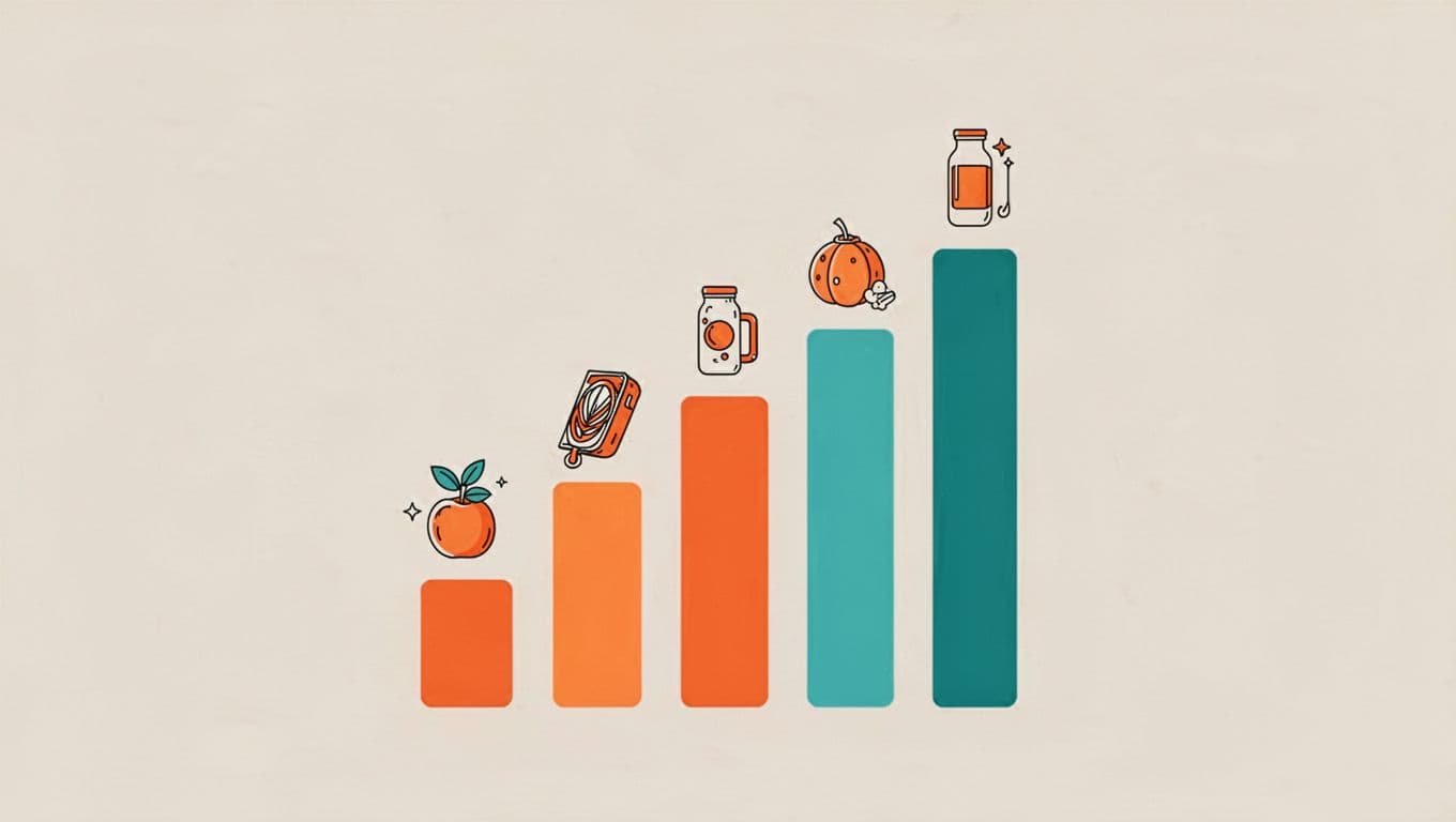 Modern illustration showing a growth chart with explosive upward trends for niche products like sustainable pet toys and AI fitness coaches, featuring simple product icons beside rising bars on a neutral background with clean shapes in controlled orange and teal colors.