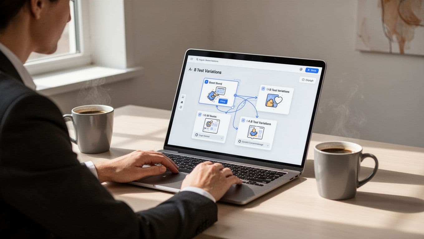Illustration of an agency user at a simple modern workspace using a no-code visual editor on a laptop screen to create A/B test variations via drag-and-drop elements, with a coffee mug nearby.
