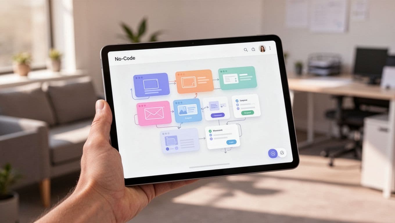 Modern close-up illustration of a no-code dashboard on a tablet held by one hand, highlighting drag-and-drop elements for A/B test variants like layout changes and form tweaks, with soft office background and clean composition.