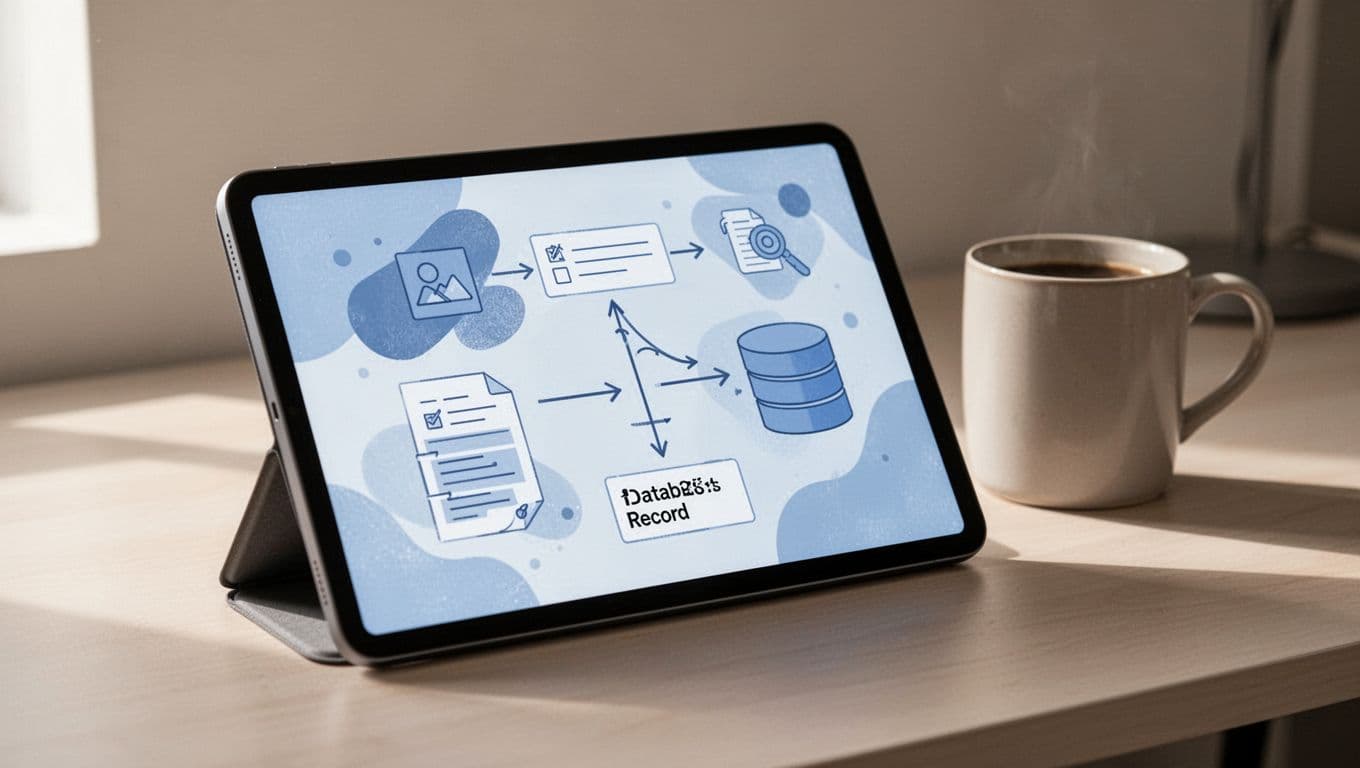 Modern illustration of a tablet screen showing a no-code automation dashboard with icons and arrows connecting form submissions to Airtable records, in a relaxed workspace with coffee mug.