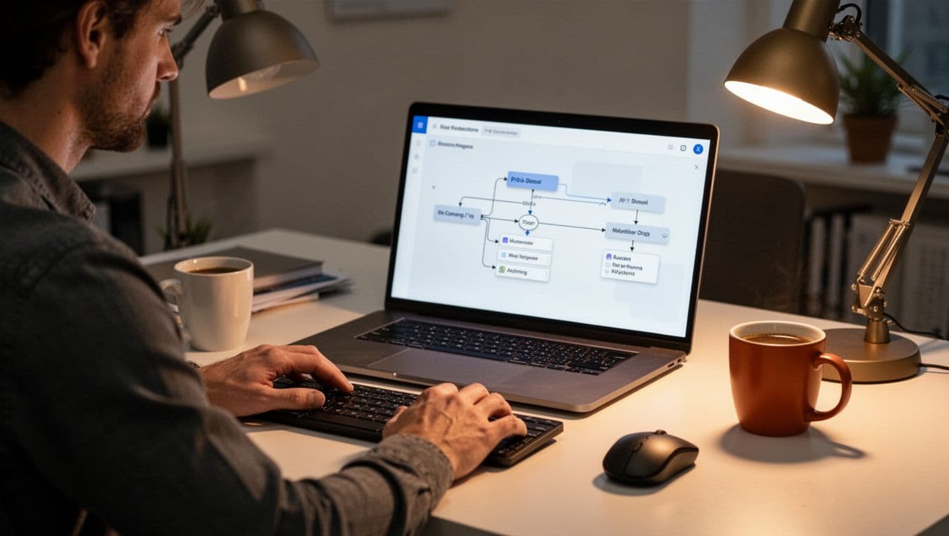 Person at desk with laptop configures no-code platform connecting Recruit CRM to BI tool via drag-drop connectors and field mapping.