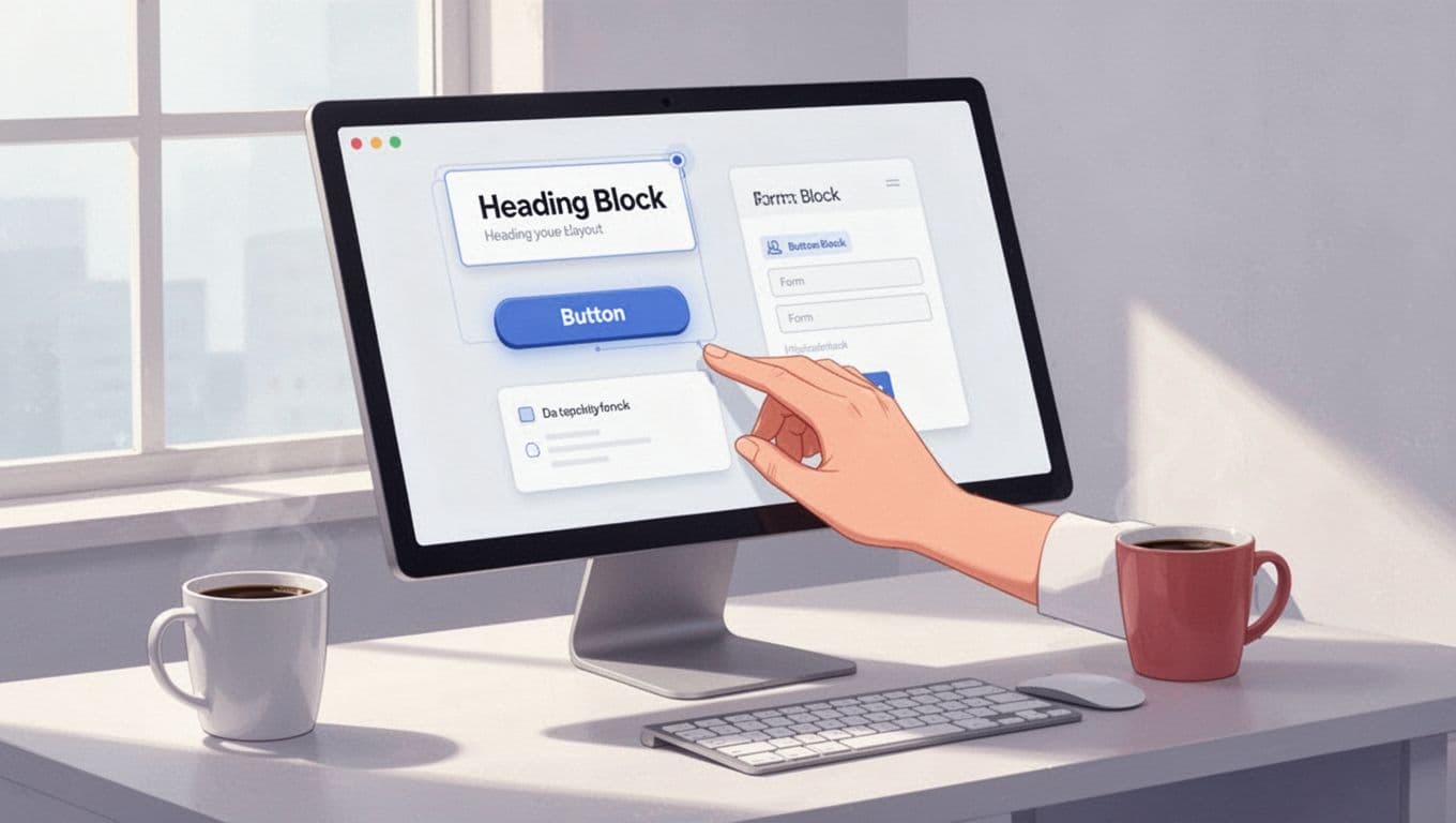 Modern illustration of a simple landing page editor interface on a computer screen with drag-and-drop elements like headline, CTA button, and form being adjusted by one relaxed hand on a clean workspace desk with coffee mug.