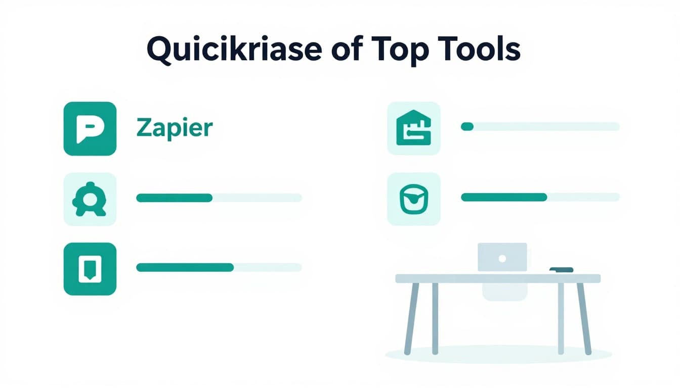 Modern illustration featuring clean shapes in teal and neutral colors, showing side-by-side comparison charts of four no-code tool icons on a shared workspace table with simple rating bars for ease and scalability, viewed from overhead with no people, text labels, or logos.