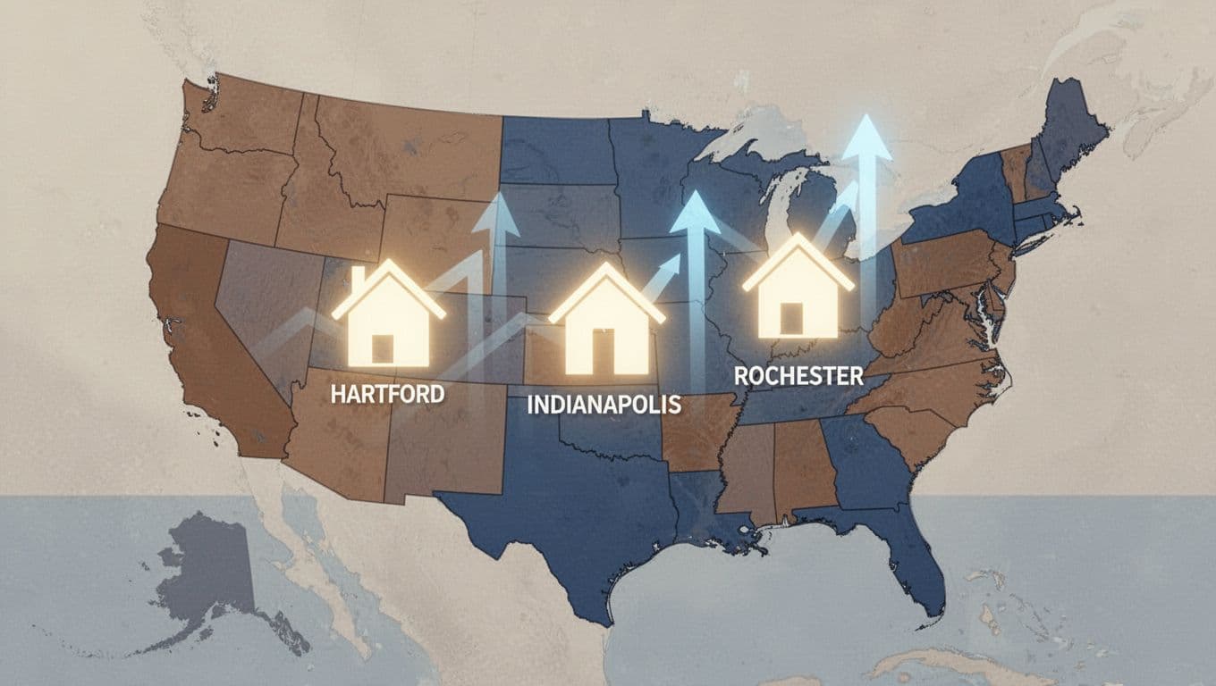 Modern illustration style with clean shapes, controlled color palette in earth tones and blues, strong composition: stylized US map highlighting Northeast and Midwest cities like Hartford, Indianapolis, Rochester with glowing house icons and upward arrows indicating growth; simple background, no text, no people, no watermarks.