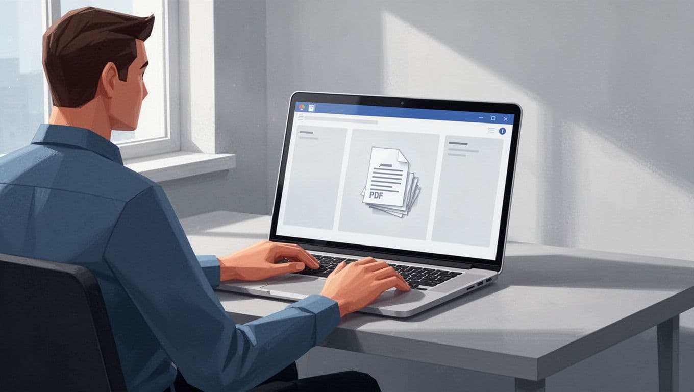 Person seated at desk with laptop open to NotebookLM three-column interface, uploading thick PDF stack icon.