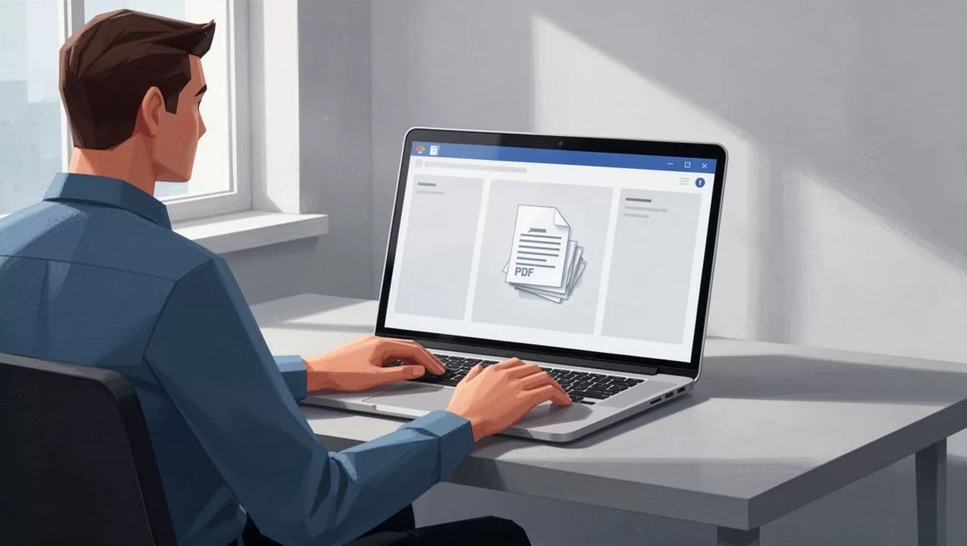 Person seated at desk with laptop open to NotebookLM three-column interface, uploading thick PDF stack icon.