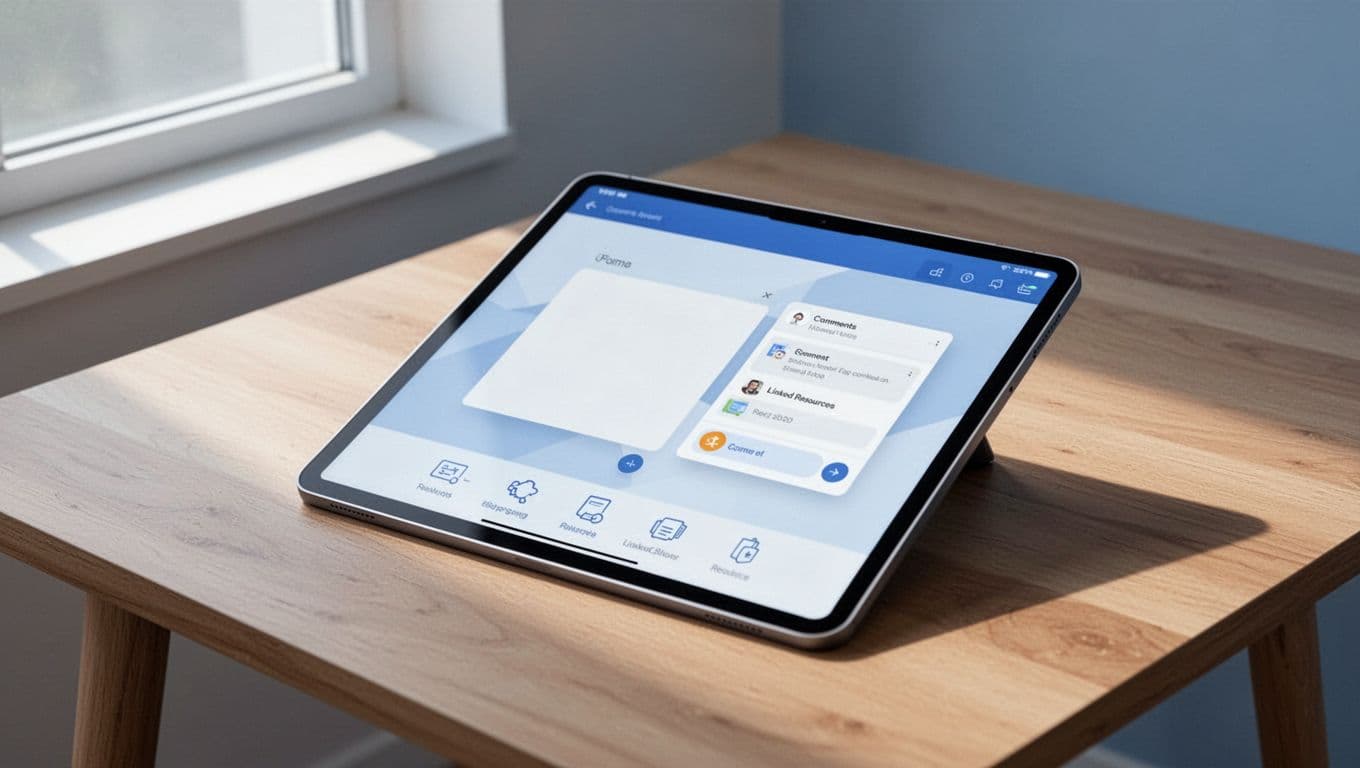 Modern illustration of a Notion page for client communication featuring an embedded form, comments section, and linked resources, displayed on a single tablet device on a table in an angled view with blue and white palette.